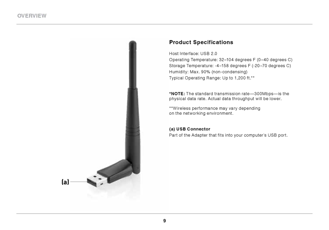 Belkin N300 XR user manual Product Specifications, USB Connector 