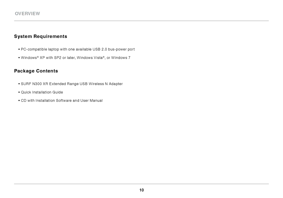 Belkin N300 XR user manual System Requirements, Package Contents 