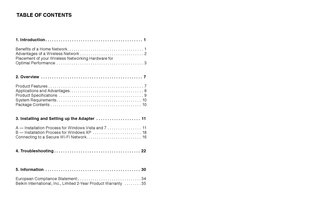 Belkin N300 XR user manual Table Of Contents 