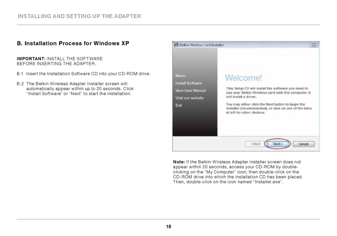 Belkin N300 XR user manual Installation Process for Windows XP 