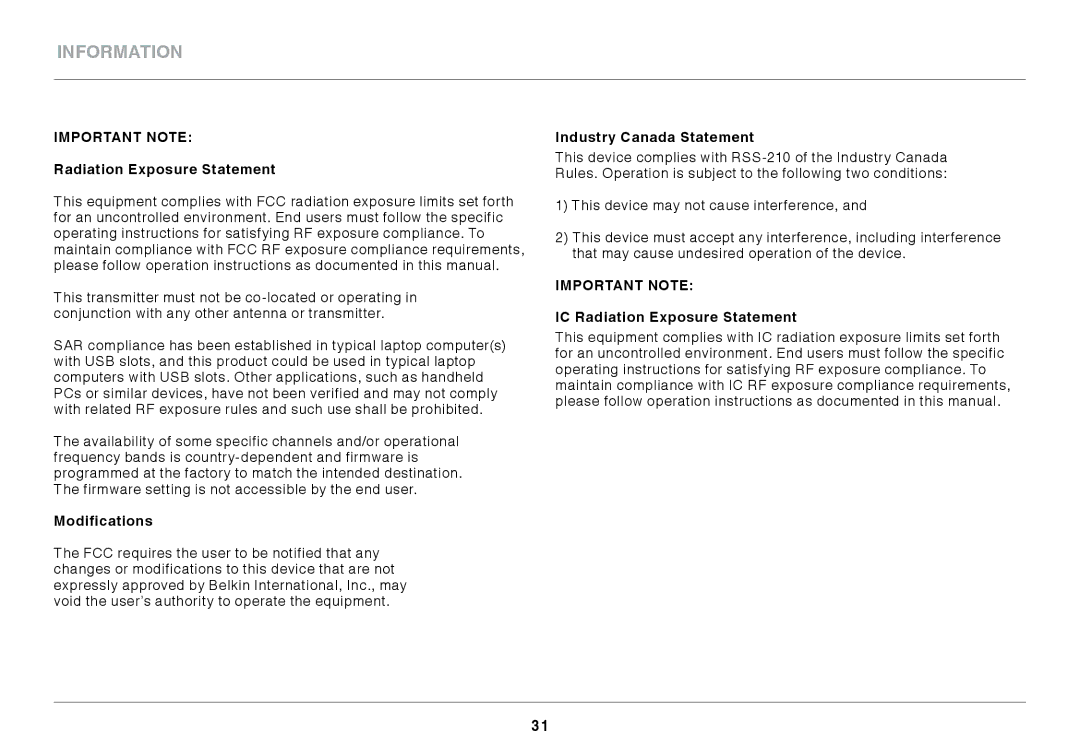 Belkin N300 XR user manual Modifications, Industry Canada Statement, IC Radiation Exposure Statement 