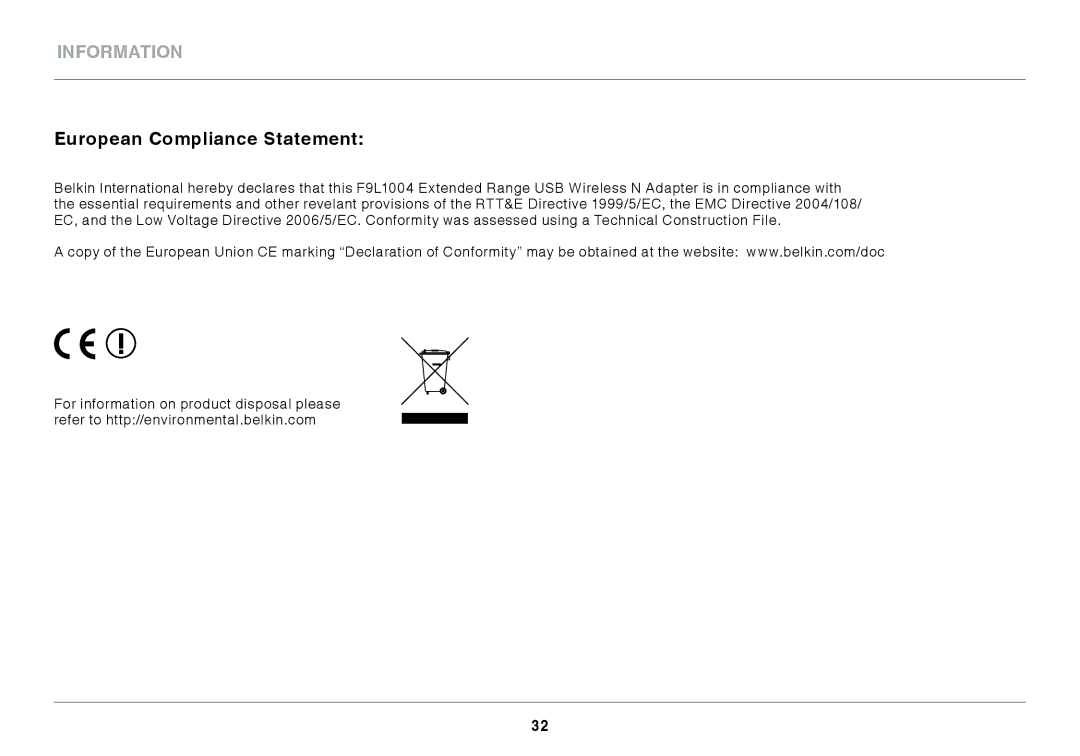 Belkin N300 XR user manual European Compliance Statement 