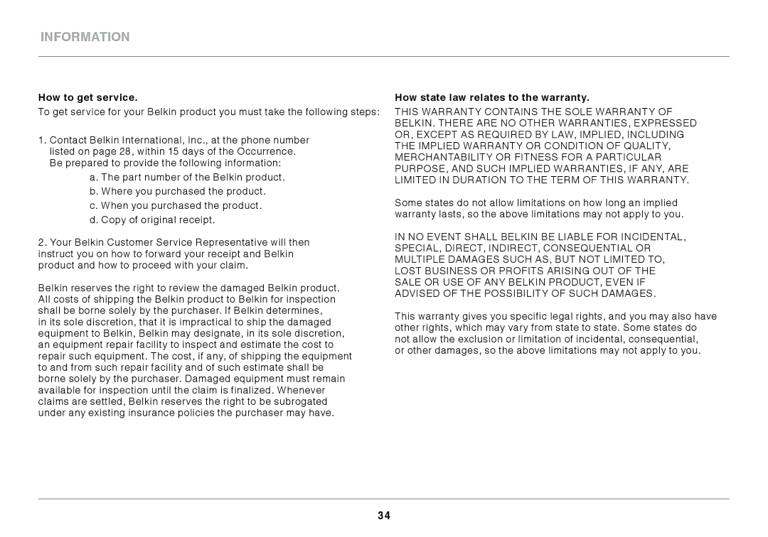 Belkin N300 XR user manual How to get service, How state law relates to the warranty 