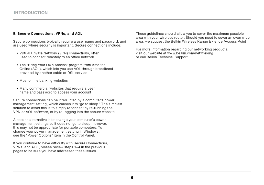 Belkin N300 XR user manual Secure Connections, VPNs, and AOL 