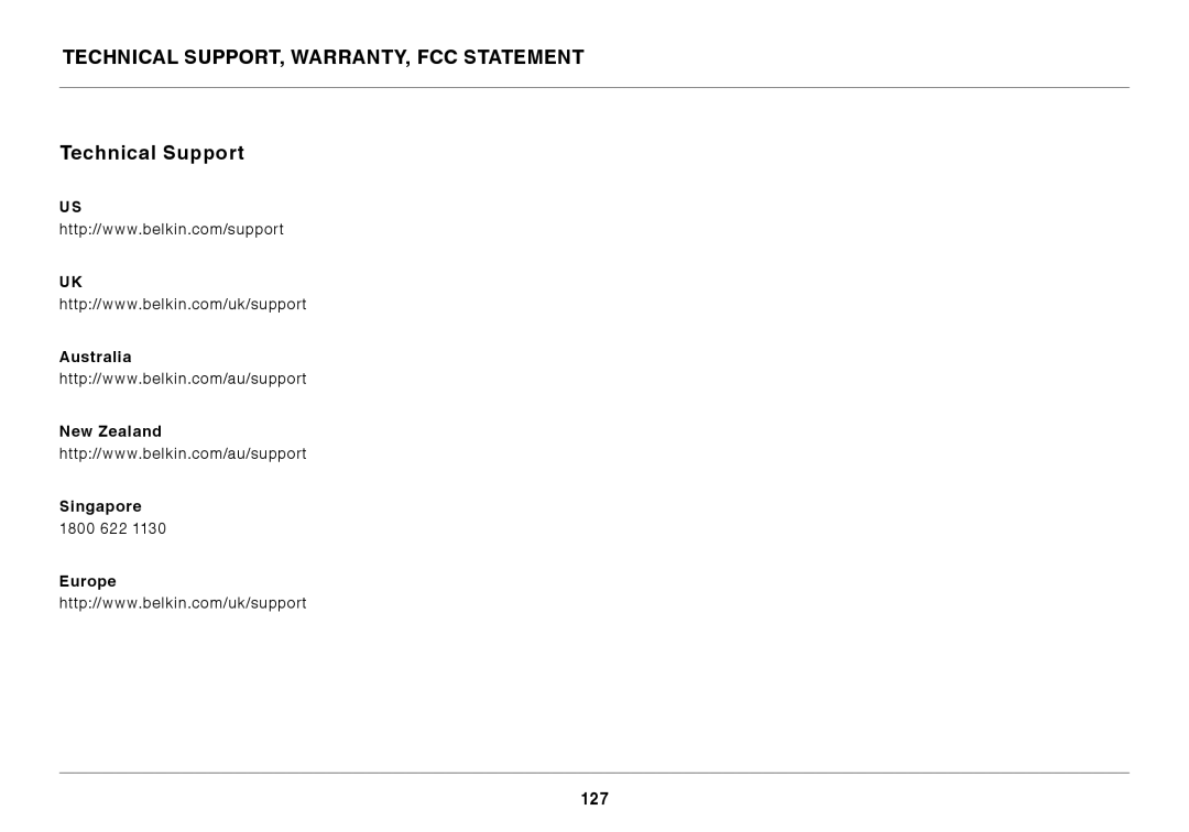 Belkin N300 user manual Technical Support, Warranty, FCC Statement, Australia New Zealand Singapore, Europe 