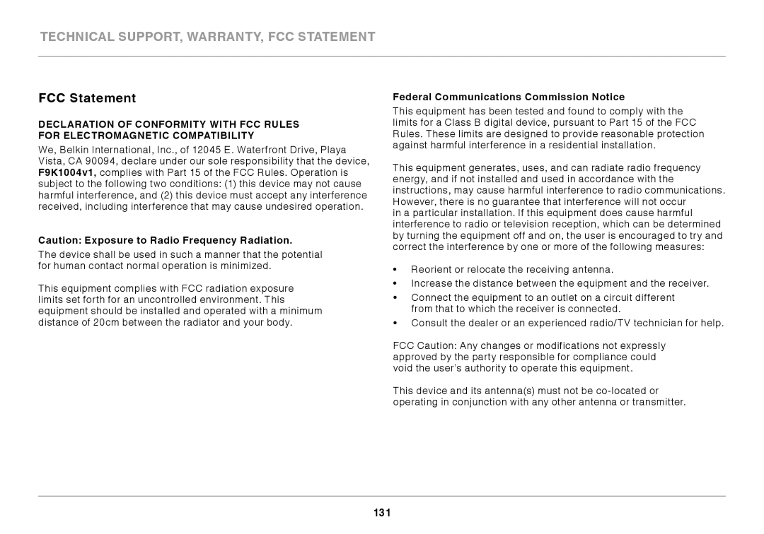 Belkin N300 user manual FCC Statement, Federal Communications Commission Notice 