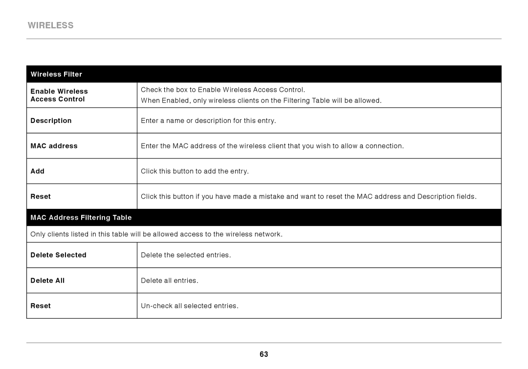 Belkin N300 user manual Wireless Filter, MAC Address Filtering Table, Delete Selected, Delete All 