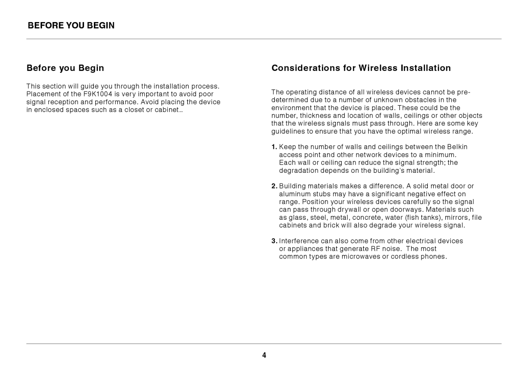 Belkin N300 user manual Before YOU Begin, Before you Begin, Considerations for Wireless Installation 