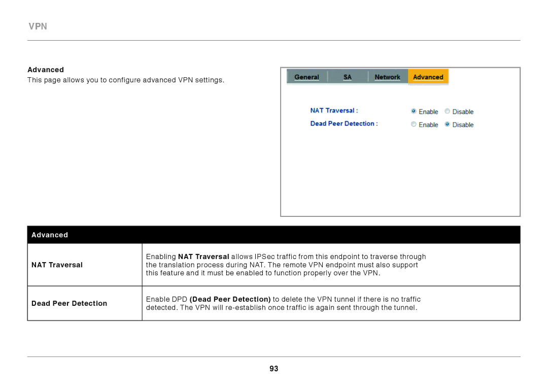 Belkin N300 user manual Advanced, NAT Traversal, Dead Peer Detection 