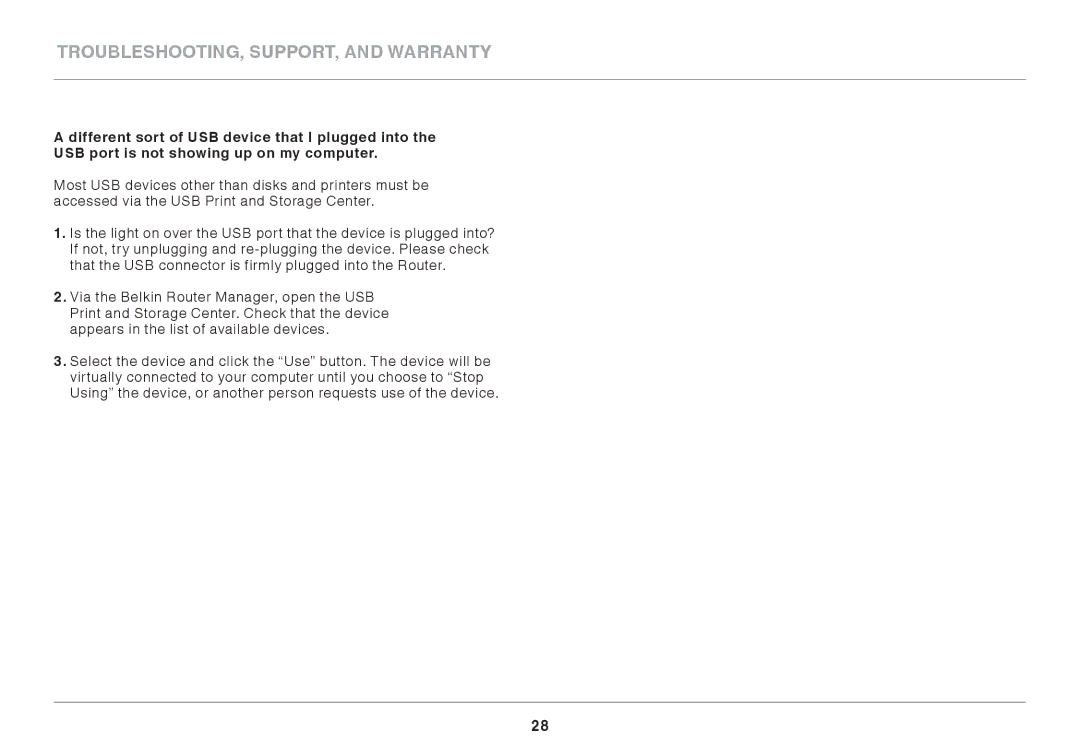 Belkin N300 user manual Troubleshooting, Support, and Warranty 