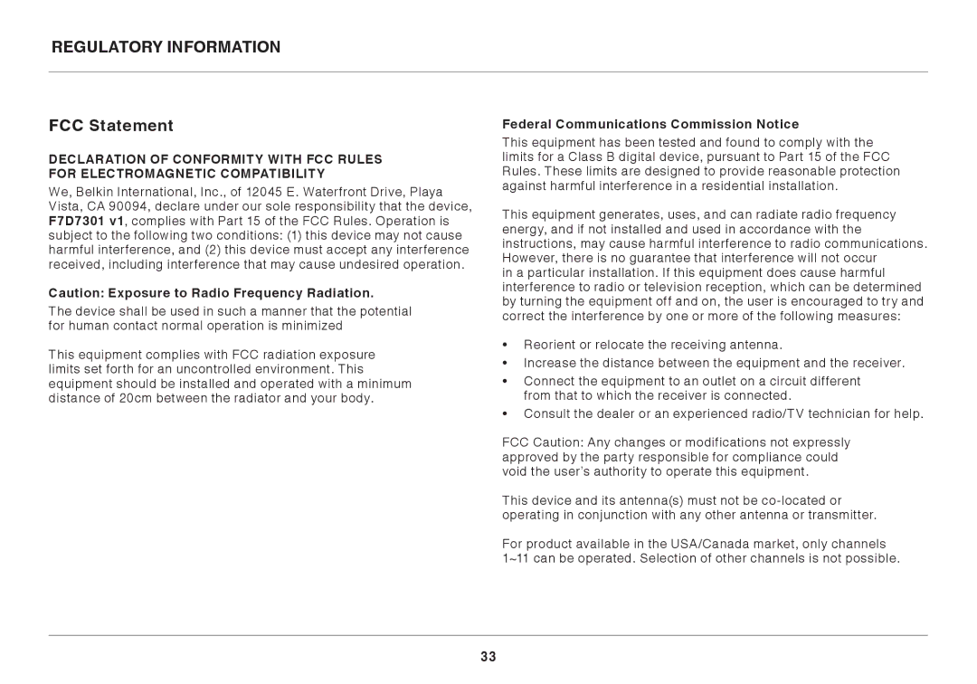 Belkin N300 user manual Regulatory Information FCC Statement, Federal Communications Commission Notice 