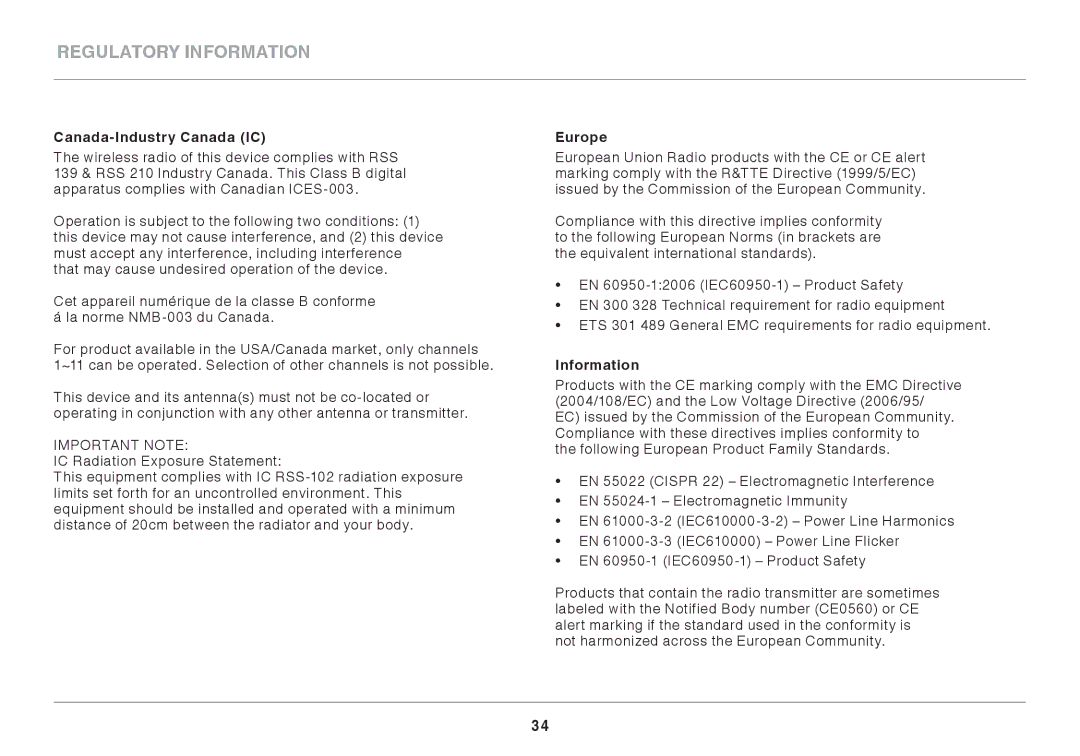 Belkin N300 user manual Canada-Industry Canada IC, Information 