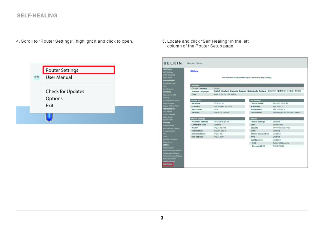 Belkin N450 manual Router Settings Check for Updates Options Exit 