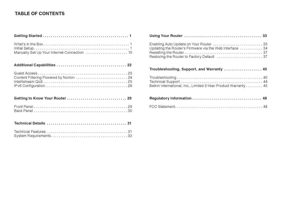 Belkin N450DB user manual Table Of Contents 