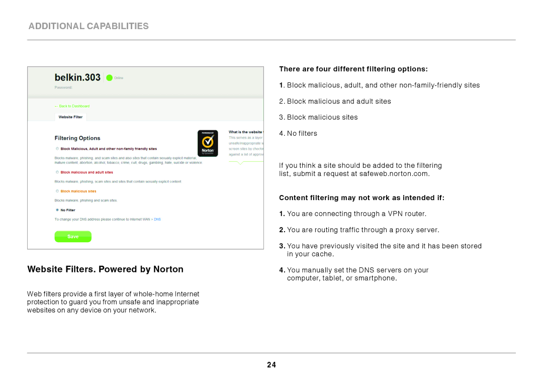 Belkin N450DB user manual Website Filters.. Powered by Norton, There are four different filtering options 