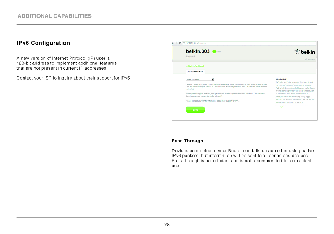 Belkin N450DB user manual IPv6 Configuration, Pass-Through 