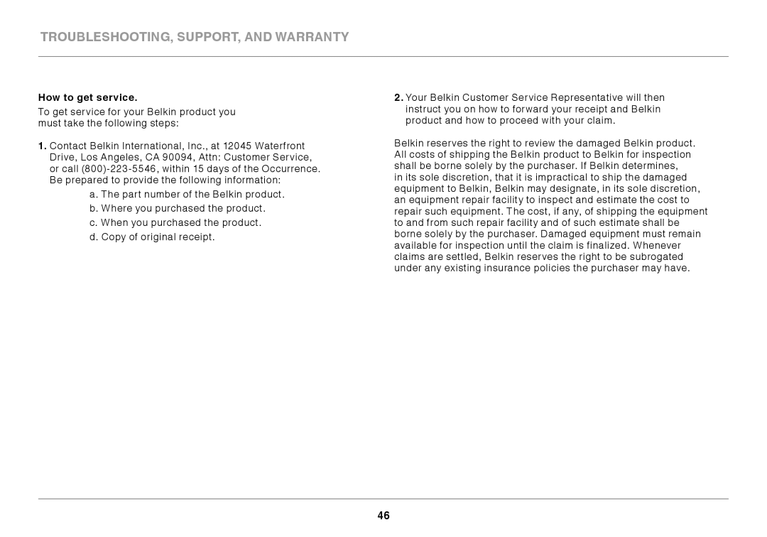 Belkin N450DB user manual How to get service 