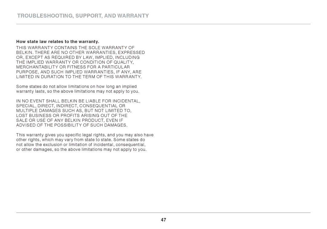 Belkin N450DB user manual How state law relates to the warranty 