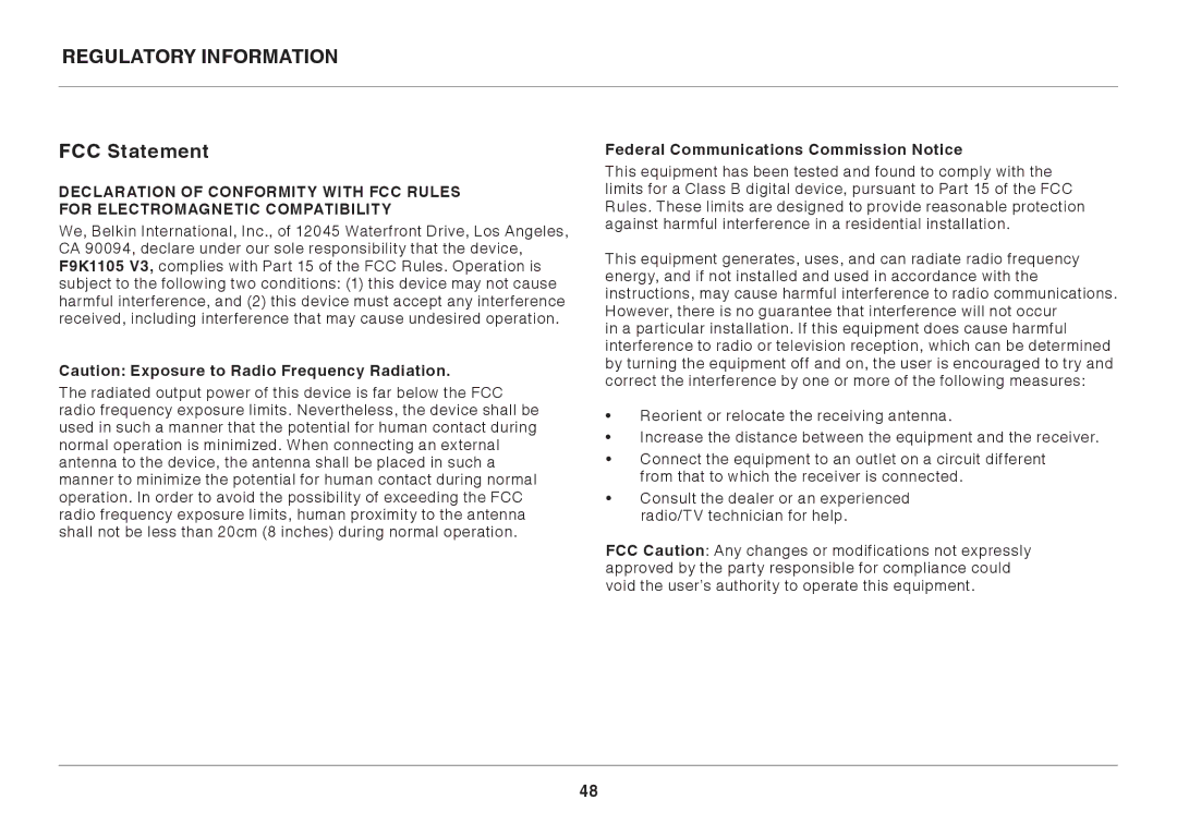 Belkin N450DB user manual Regulatory Information FCC Statement, Federal Communications Commission Notice 