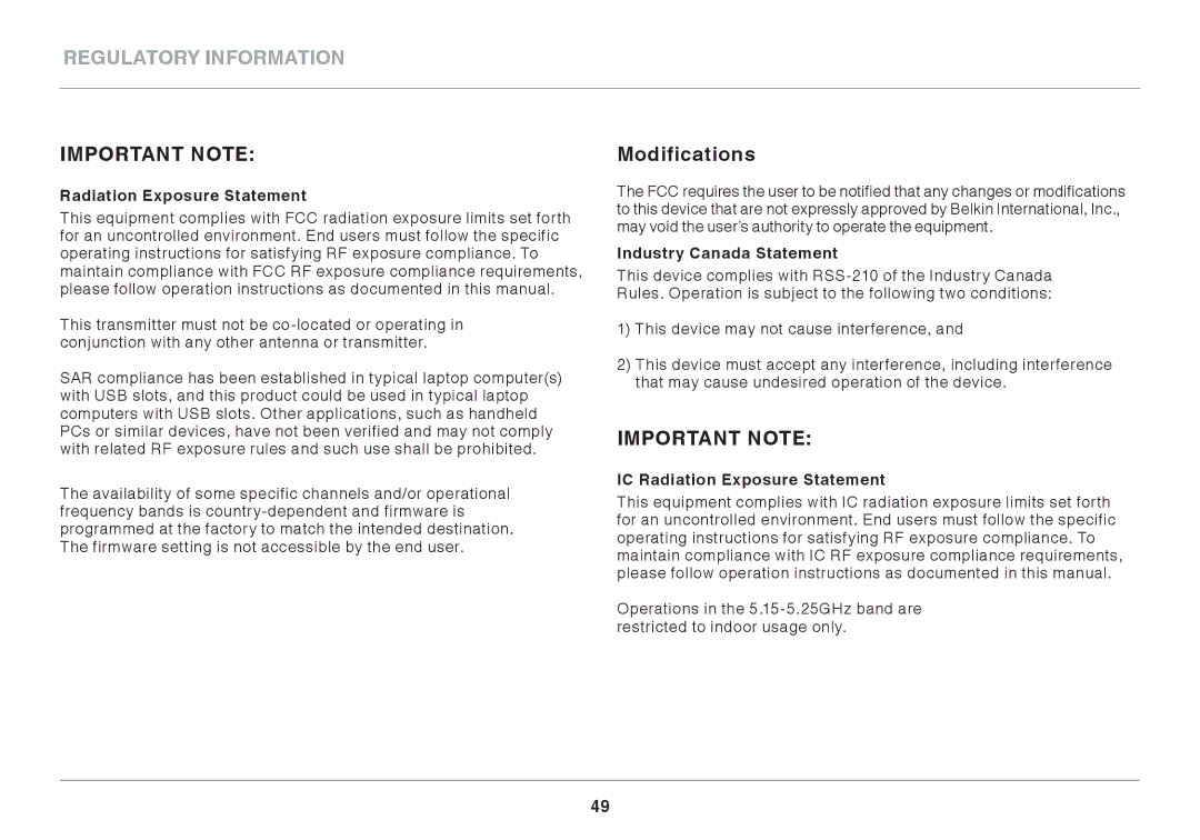 Belkin N450DB user manual Modifications, Industry Canada Statement, IC Radiation Exposure Statement 