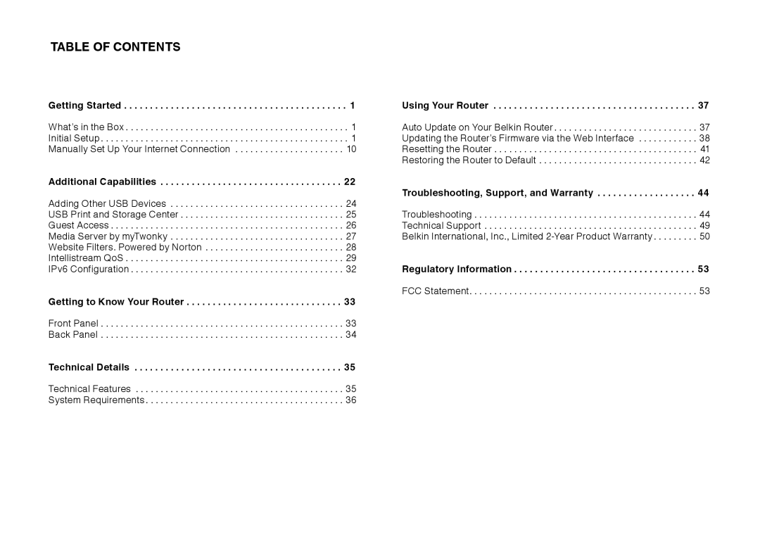 Belkin N600 DB manual Table Of Contents 