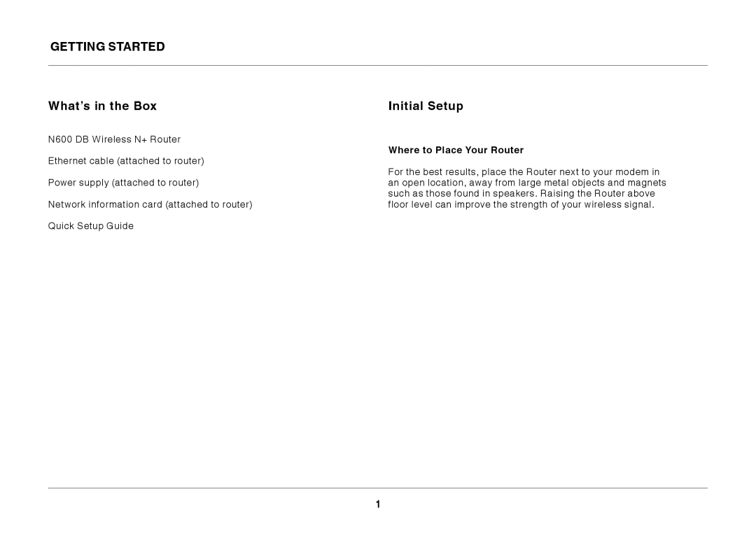 Belkin N600 DB manual Getting Started What’s in the Box, Initial Setup, Where to Place Your Router 