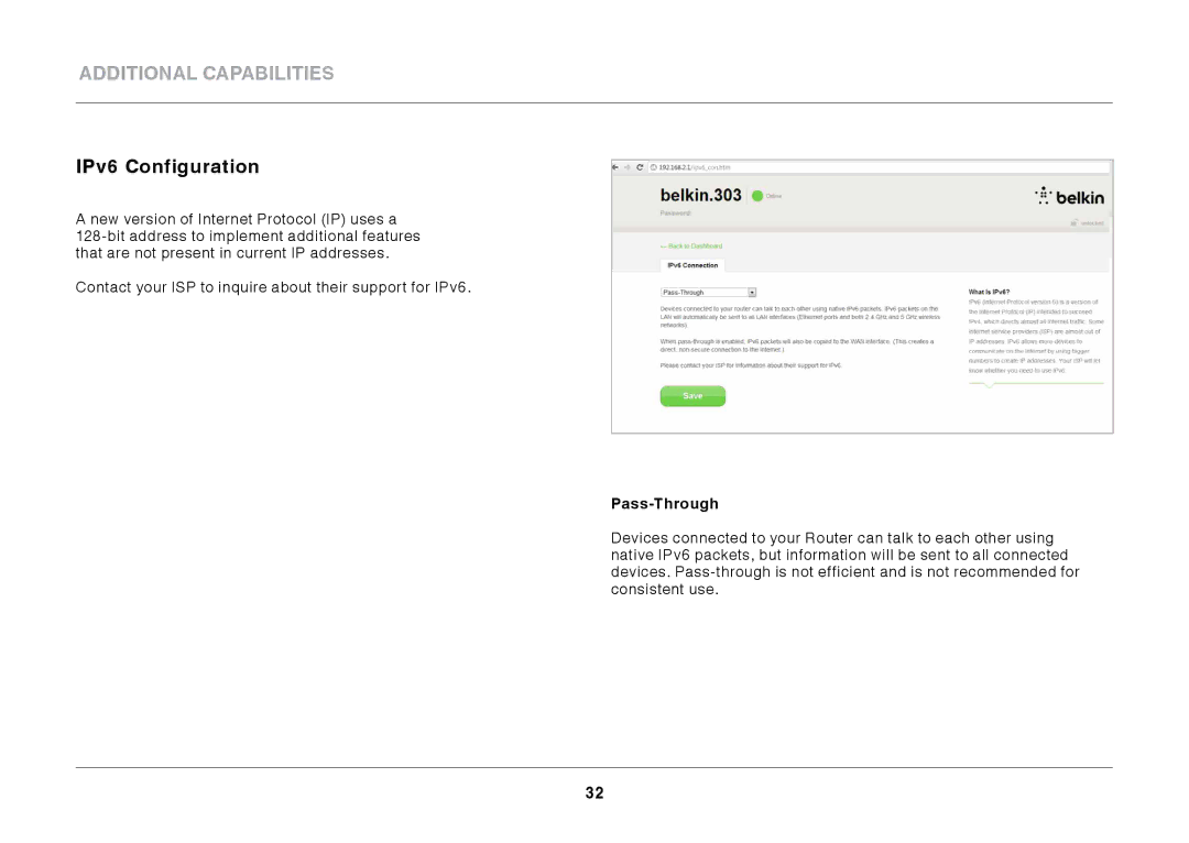 Belkin N600 DB manual IPv6 Configuration, Pass-Through 