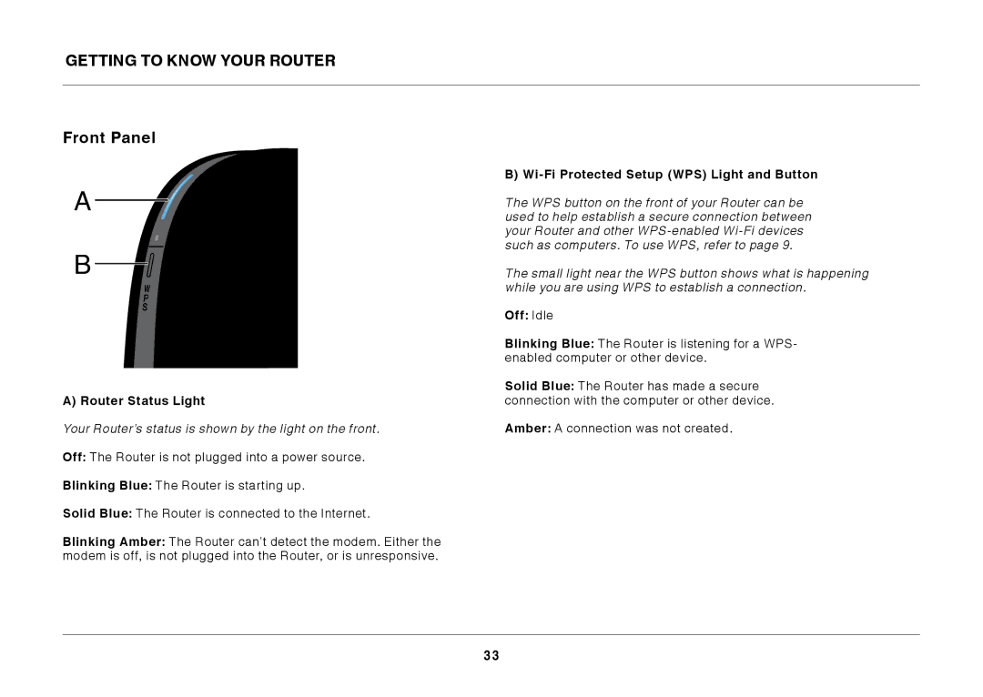 Belkin N600 DB Getting to Know Your Router Front Panel, Router Status Light, Wi-Fi Protected Setup WPS Light and Button 