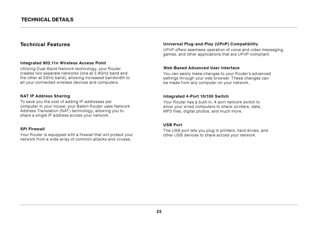 Belkin N600 DB manual Technical Details Technical Features 