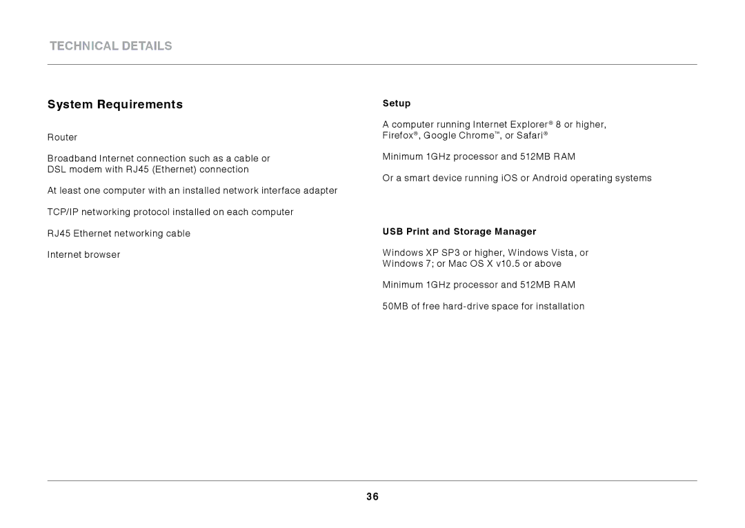 Belkin N600 DB manual System Requirements, Setup, USB Print and Storage Manager 