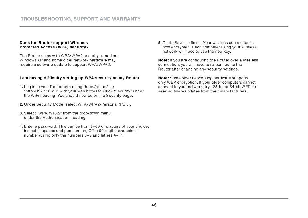 Belkin N600 DB manual Am having difficulty setting up WPA security on my Router 