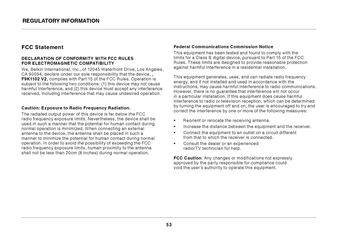 Belkin N600 DB manual Regulatory Information FCC Statement, Federal Communications Commission Notice 