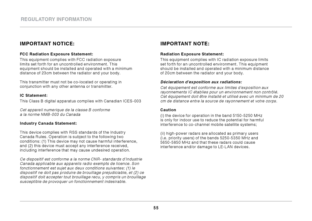 Belkin N600 DB manual FCC Radiation Exposure Statement, IC Statement 