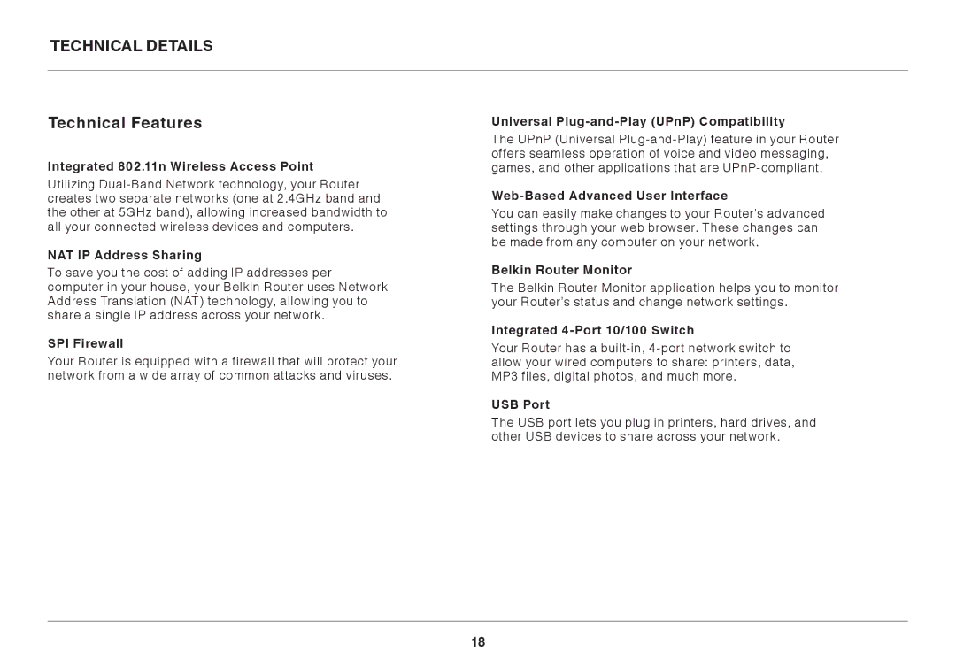 Belkin N600 user manual Technical Details Technical Features 