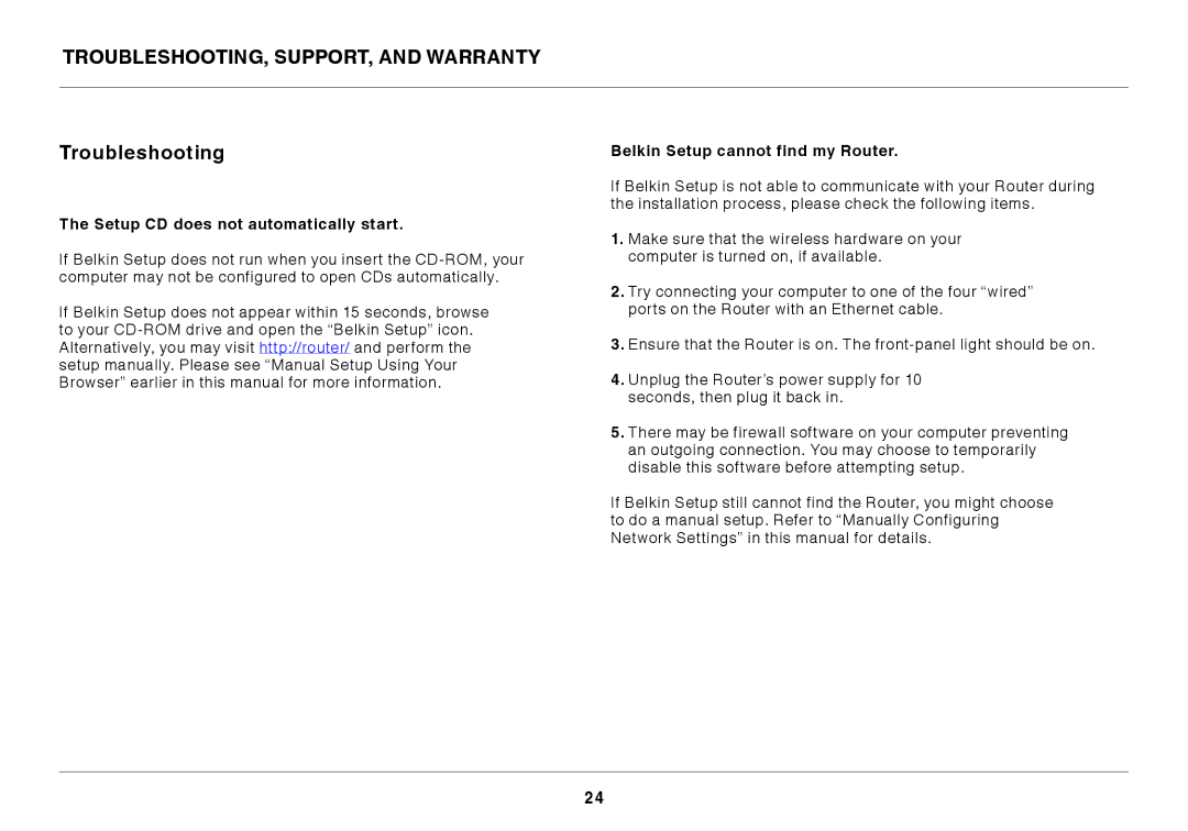 Belkin N600 manual Troubleshooting, Support, and Warranty, Setup CD does not automatically start 