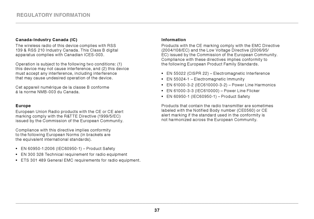 Belkin N600 manual Regulatory Information, Canada-Industry Canada IC 