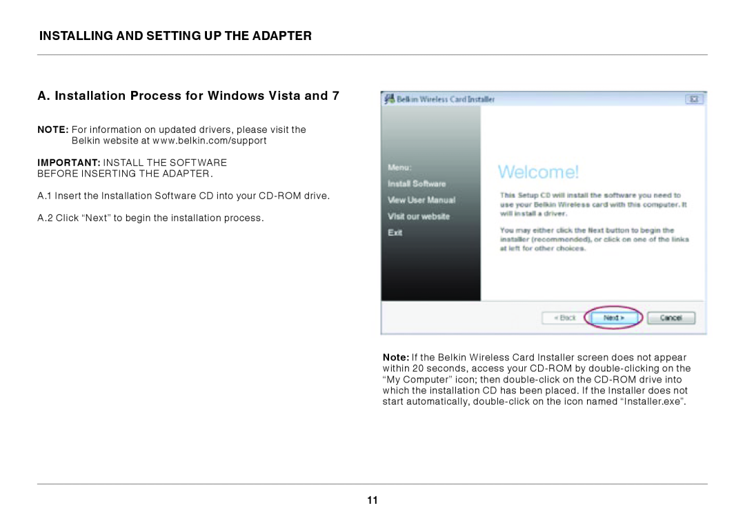 Belkin N750 user manual Installing and Setting up the Adapter, A.. Installation Process for Windows Vista and 