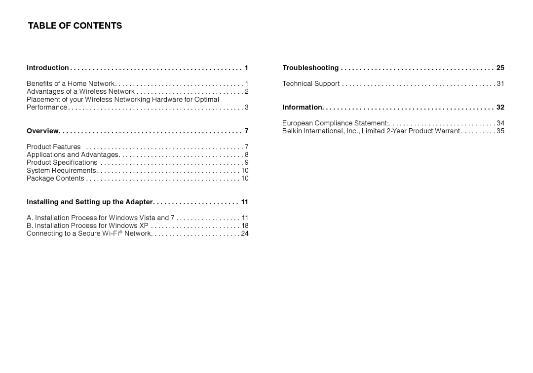 Belkin N750 user manual Table Of Contents 