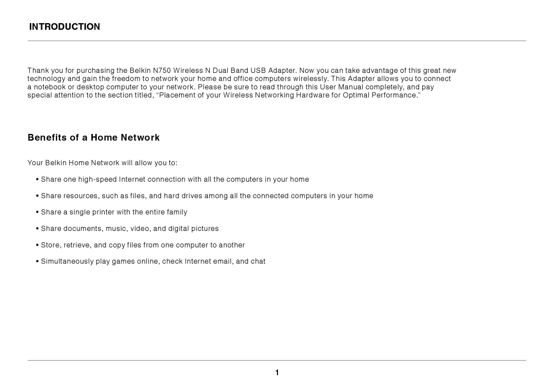 Belkin N750 user manual Introduction, Benefits of a Home Network 
