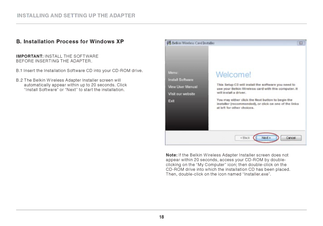 Belkin N750 user manual Installation Process for Windows XP 