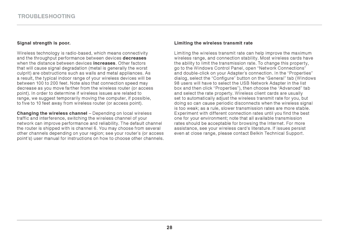 Belkin N750 user manual Signal strength is poor, Limiting the wireless transmit rate 