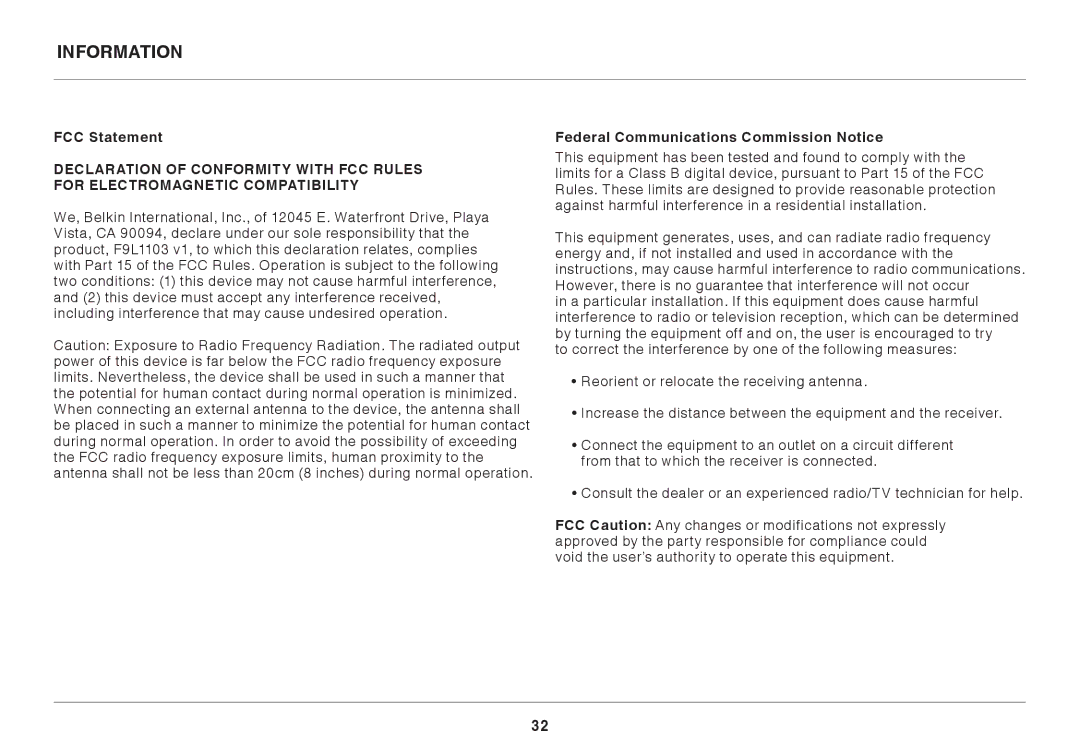 Belkin N750 user manual Information, FCC Statement, Federal Communications Commission Notice 