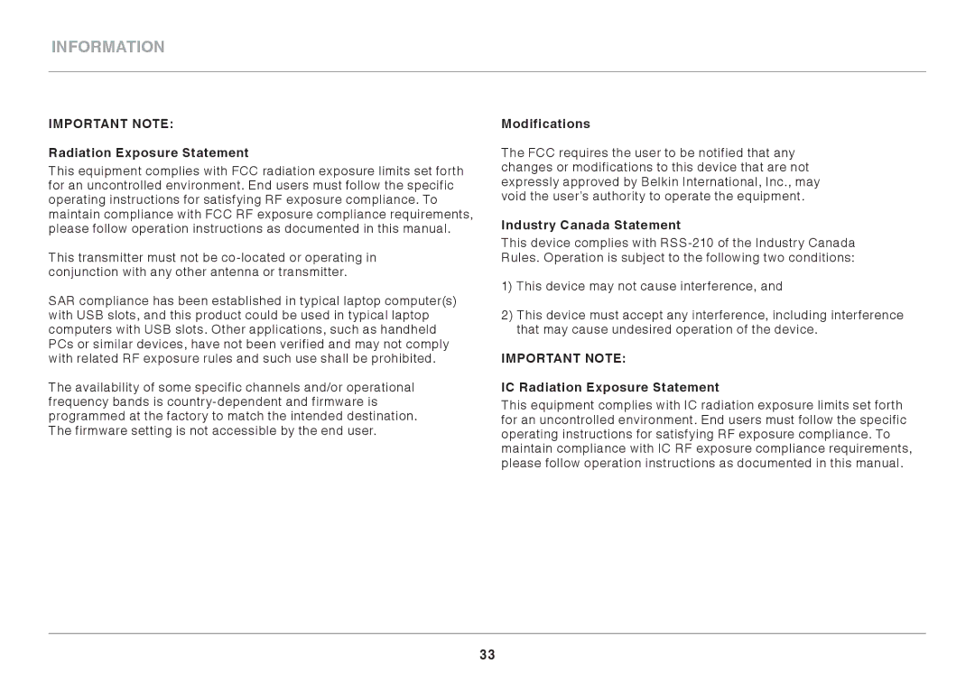 Belkin N750 user manual Modifications, Industry Canada Statement, IC Radiation Exposure Statement 