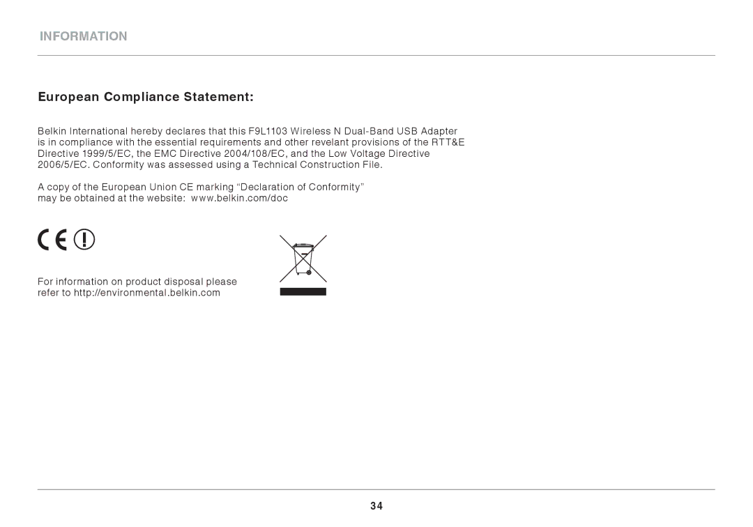 Belkin N750 user manual European Compliance Statement 