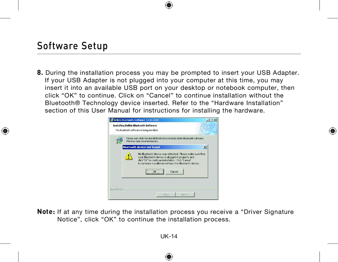 Belkin Network Adapror manual Software Setup, UK-14 
