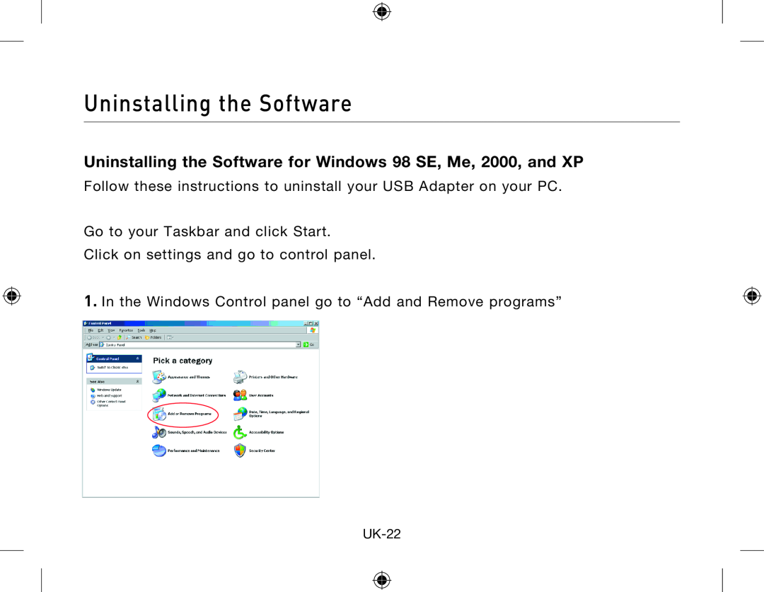 Belkin Network Adapror manual Uninstalling the Software for Windows 98 SE, Me, 2000, and XP, UK-22 