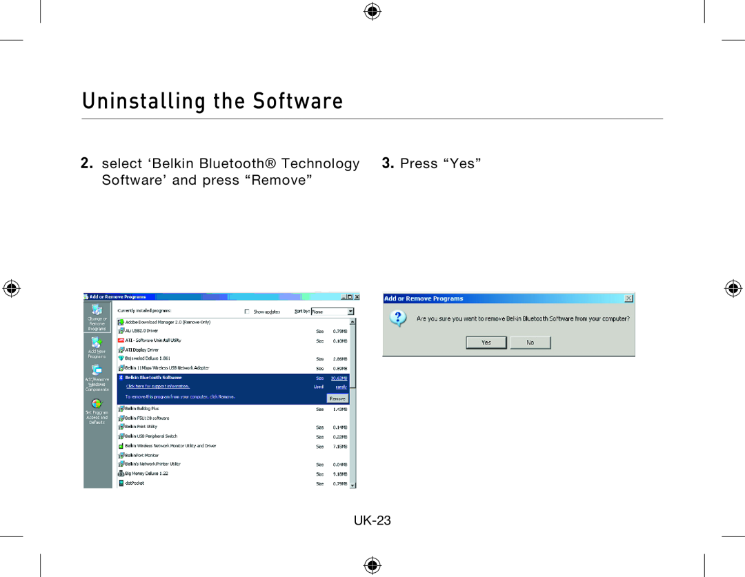 Belkin Network Adapror manual Uninstalling the Software, UK-23 