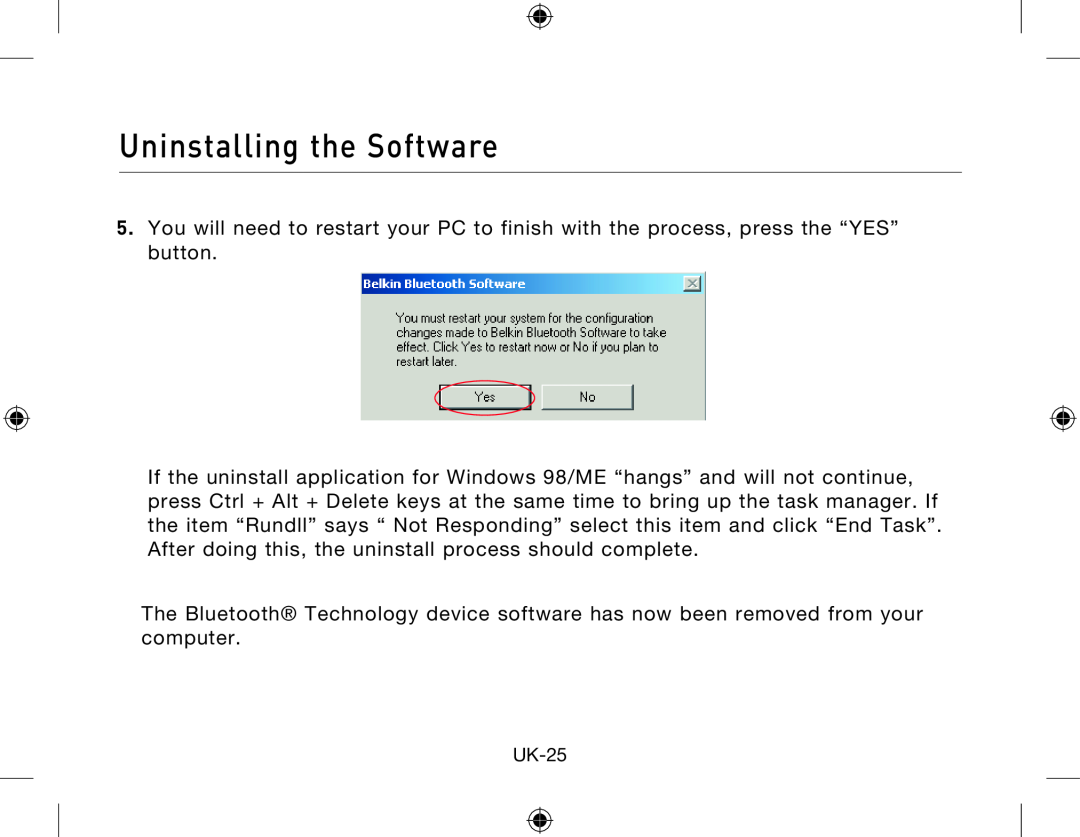 Belkin Network Adapror manual Uninstalling the Software, UK-25 