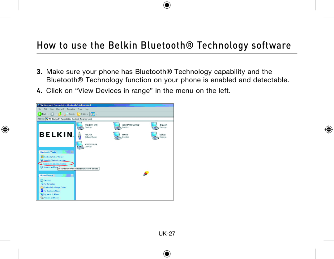 Belkin Network Adapror manual Click on “View Devices in range” in the menu on the left, UK-27 