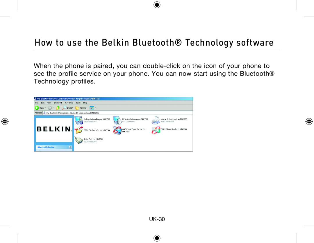 Belkin Network Adapror manual How to use the Belkin Bluetooth Technology software, UK-30 